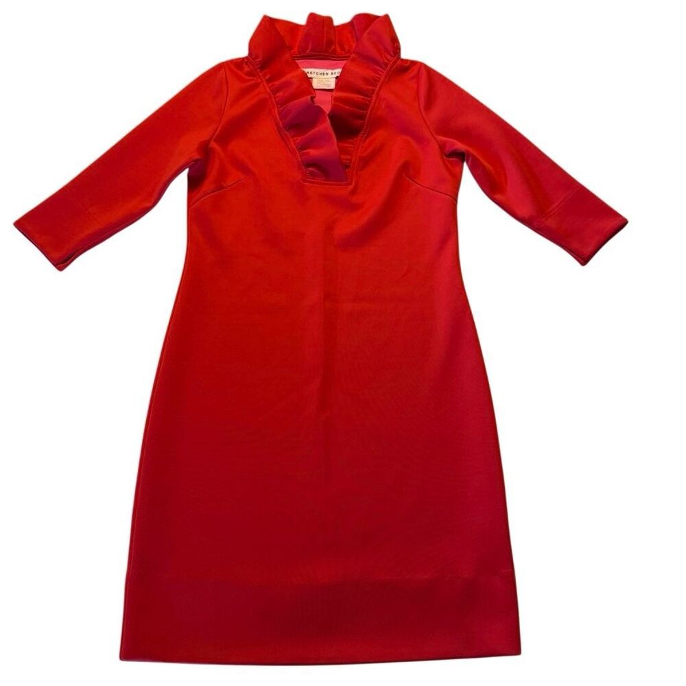 Gretchen Scott | Red Ruffle Neck Stretch Shift Dress | Women’s XS